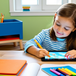 A young child, fully clothed in modest, comfortable attire, focused on learning in a bright, inviting home study corner. The child is surrounded by both digital and physical learning materials: a tablet displaying an educational app, colorful building blocks, open picture books, and art supplies like crayons and paper. The atmosphere is joyful and engaging, promoting discovery. Perfect anatomy, correct proportions, natural pose, well-formed hands, proper finger count, professional photography, high quality, vibrant colors, soft natural light, safe for work, appropriate content, fully clothed, family-friendly.