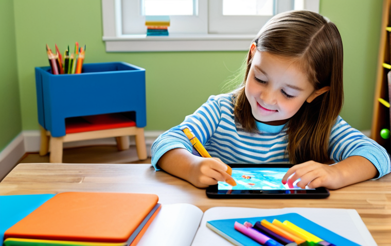 A young child, fully clothed in modest, comfortable attire, focused on learning in a bright, inviting home study corner. The child is surrounded by both digital and physical learning materials: a tablet displaying an educational app, colorful building blocks, open picture books, and art supplies like crayons and paper. The atmosphere is joyful and engaging, promoting discovery. Perfect anatomy, correct proportions, natural pose, well-formed hands, proper finger count, professional photography, high quality, vibrant colors, soft natural light, safe for work, appropriate content, fully clothed, family-friendly.