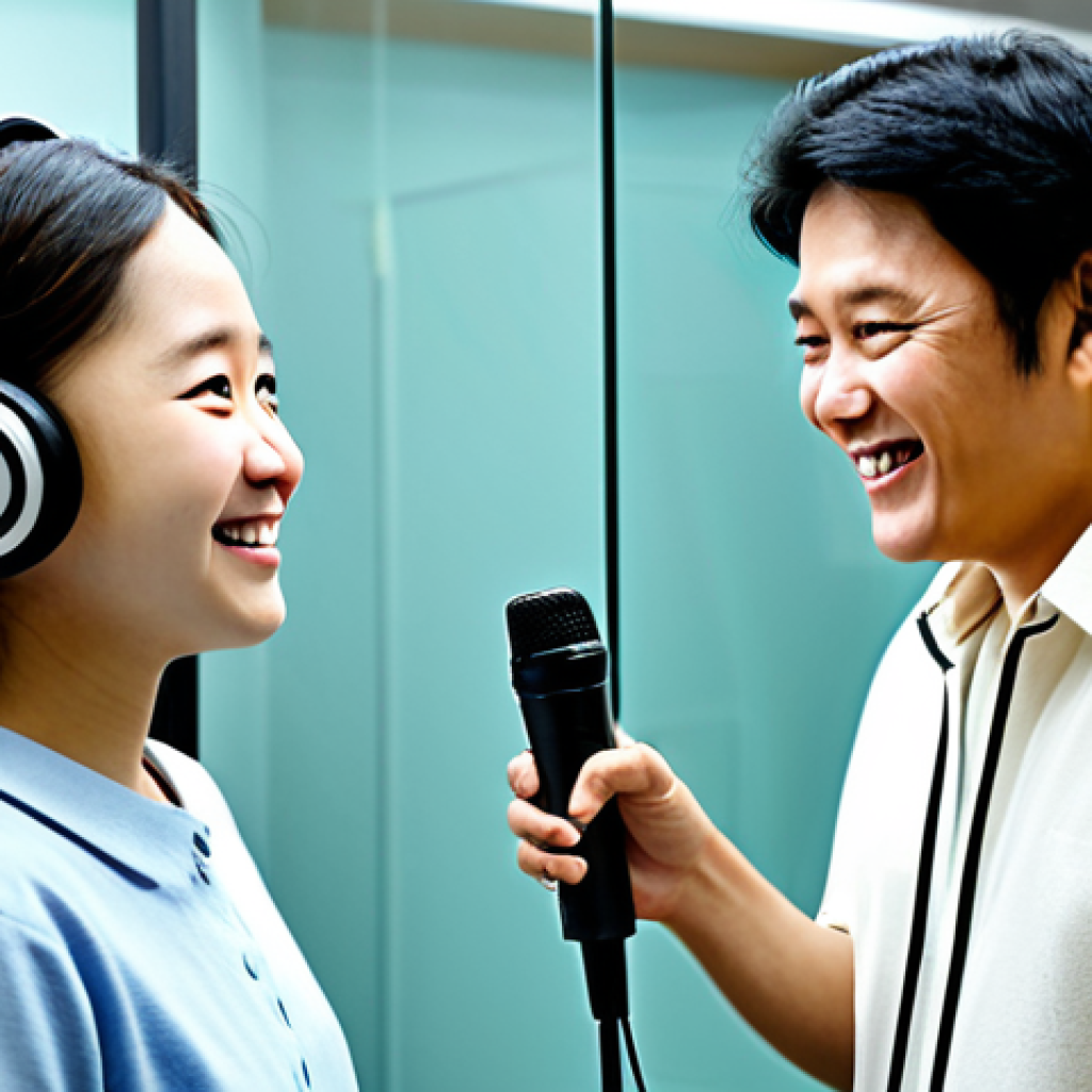 Kongsuni Voice Recording Session**

"A brightly lit recording studio with a young voice actress, fully clothed in casual but professional attire, wearing headphones and speaking into a microphone. She is smiling and energetic. In the background, a director is visible behind the glass, giving gentle guidance. The scene conveys the magic of dubbing. Safe for work, appropriate content, fully clothed, modest, professional setting, perfect anatomy, correct proportions, natural pose, well-formed hands, proper finger count, natural body proportions, high quality, professional photography."

**