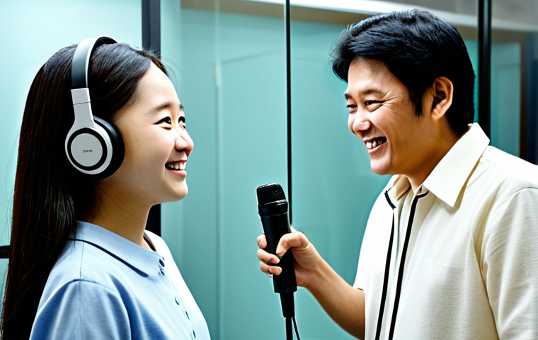 Kongsuni Voice Recording Session**

"A brightly lit recording studio with a young voice actress, fully clothed in casual but professional attire, wearing headphones and speaking into a microphone. She is smiling and energetic. In the background, a director is visible behind the glass, giving gentle guidance. The scene conveys the magic of dubbing. Safe for work, appropriate content, fully clothed, modest, professional setting, perfect anatomy, correct proportions, natural pose, well-formed hands, proper finger count, natural body proportions, high quality, professional photography."

**