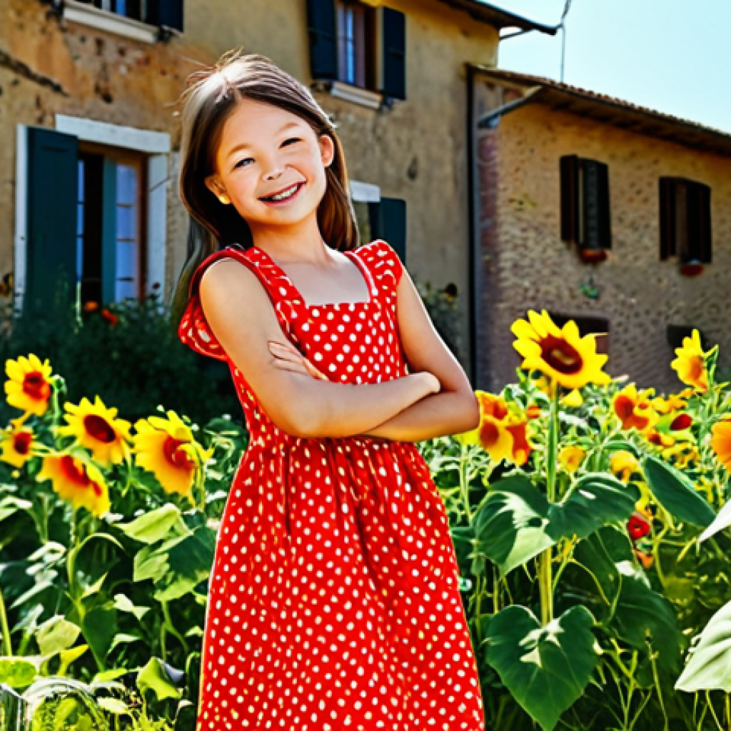 **
A cheerful, fully clothed Kongsuni in a brightly colored sundress, playing in a sunny Italian garden filled with sunflowers and poppies, appropriate attire, safe for work, perfect anatomy, natural proportions, professional children's illustration, family-friendly. She's holding a ladybug. The background includes a glimpse of a traditional Tuscan farmhouse.
**