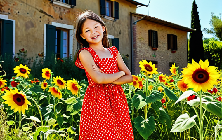 **

A cheerful, fully clothed Kongsuni in a brightly colored sundress, playing in a sunny Italian garden filled with sunflowers and poppies, appropriate attire, safe for work, perfect anatomy, natural proportions, professional children's illustration, family-friendly. She's holding a ladybug. The background includes a glimpse of a traditional Tuscan farmhouse.

**