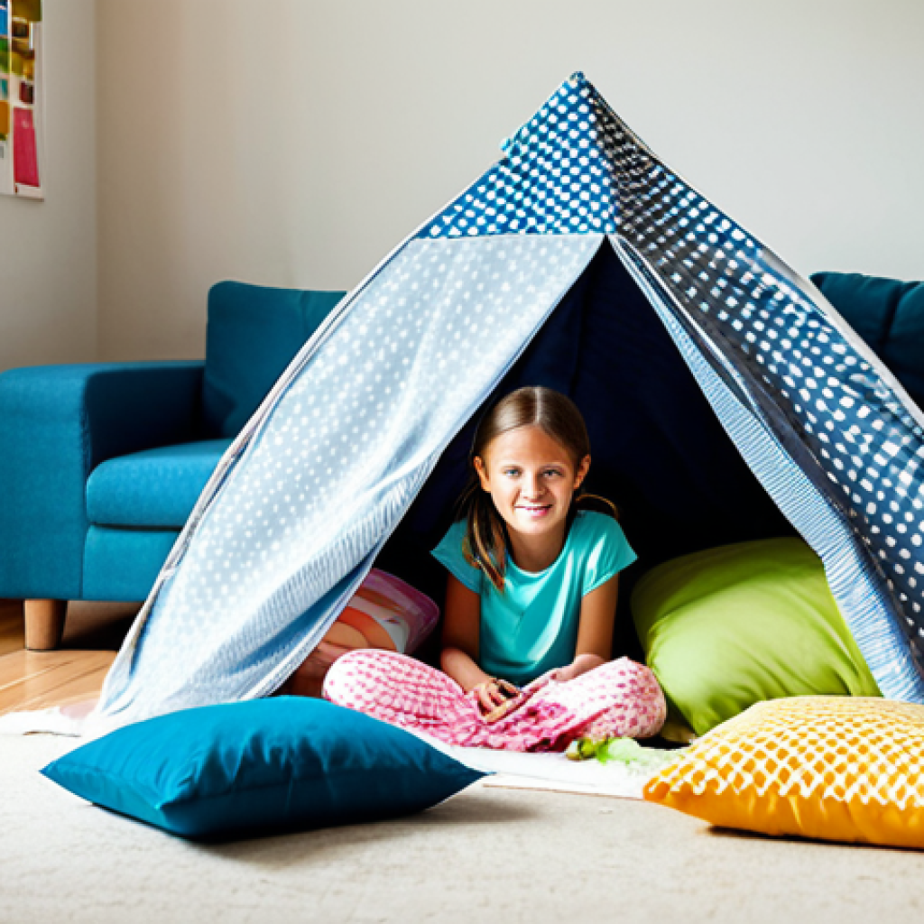 Creative Playtime**

A fully clothed young girl (5-7 years old) with perfect anatomy, building a fort out of pillows in a brightly lit living room. Toys and books are scattered around. The scene should evoke a sense of childhood wonder and imagination. She is wearing modest clothing, appropriate attire. Safe for work, appropriate content, family-friendly. Professional photo, natural proportions, well-formed hands.

**