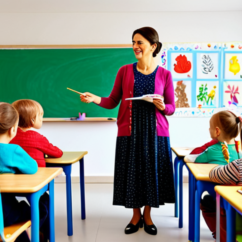**

"A professional female kindergarten teacher in a bright, colorful classroom, fully clothed in a modest dress with a cardigan, interacting with children during art class, safe for work, appropriate content, family-friendly, perfect anatomy, natural pose, professional photography, high quality. The classroom is decorated with drawings and handmade crafts."

**