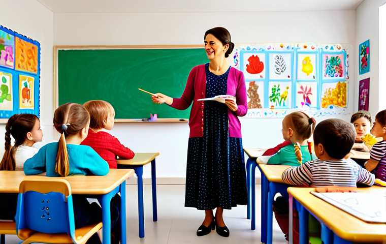 **

"A professional female kindergarten teacher in a bright, colorful classroom, fully clothed in a modest dress with a cardigan, interacting with children during art class, safe for work, appropriate content, family-friendly, perfect anatomy, natural pose, professional photography, high quality. The classroom is decorated with drawings and handmade crafts."

**