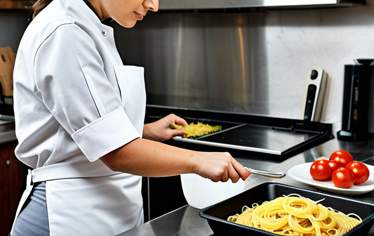 콩순이 애니메이션 클립 모음 - A professional female chef in a clean, modern Italian kitchen, fully clothed in a chef's uniform, pr...