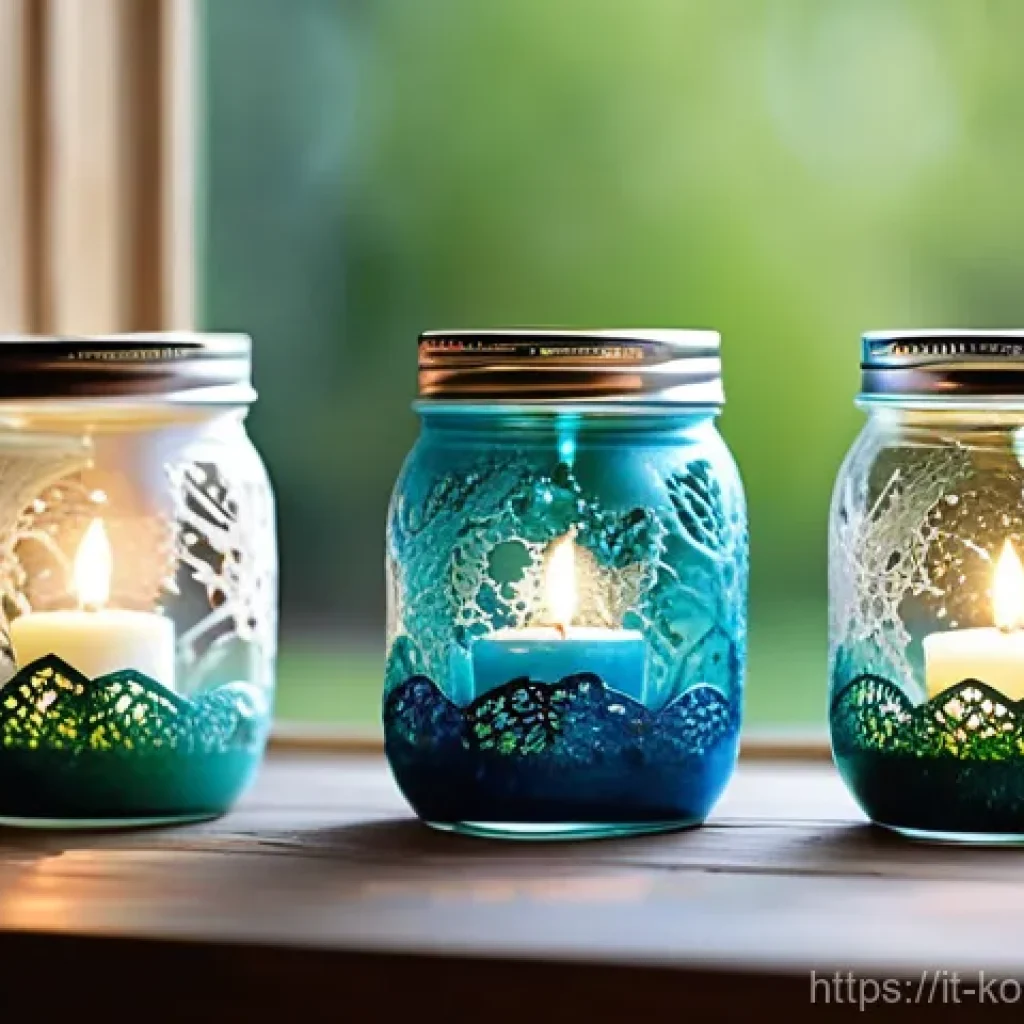 콩순이 DIY 프로젝트 - **Enchanted Glass Jar Candle Holders:**
A close-up, high-quality photograph featuring three upcy...