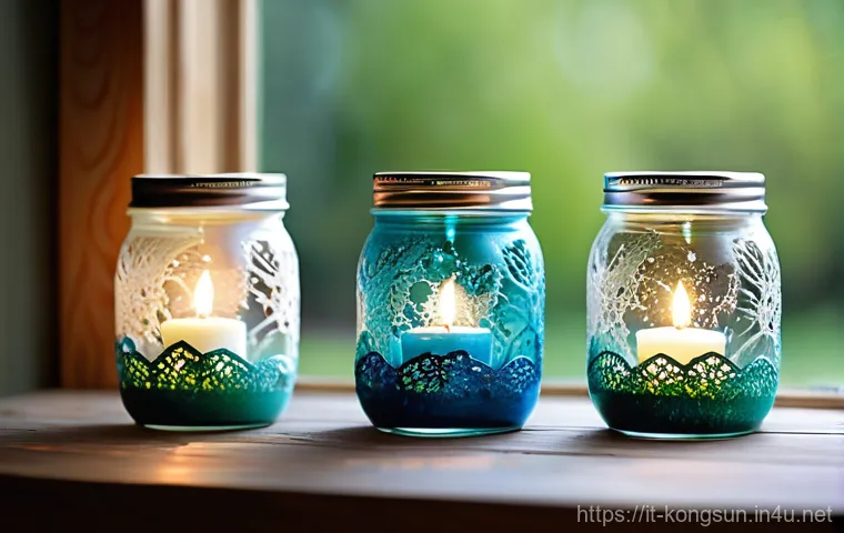 콩순이 DIY 프로젝트 - **Enchanted Glass Jar Candle Holders:**
A close-up, high-quality photograph featuring three upcy...