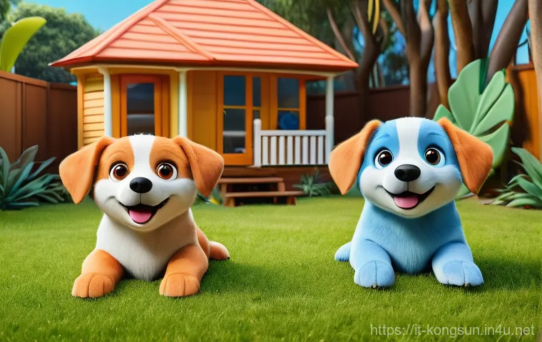 콩순이와 비슷한 교육 애니메이션 - **Bluey and Bingo's Imaginative Adventure**
    Generate an image in the style of the "Bluey" animat...