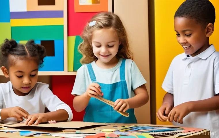 콩순이와 함께하는 미술 시간 - **Prompt 1: Upcycled Art Adventure**
"A group of diverse children, aged approximately 5-9, are j...
