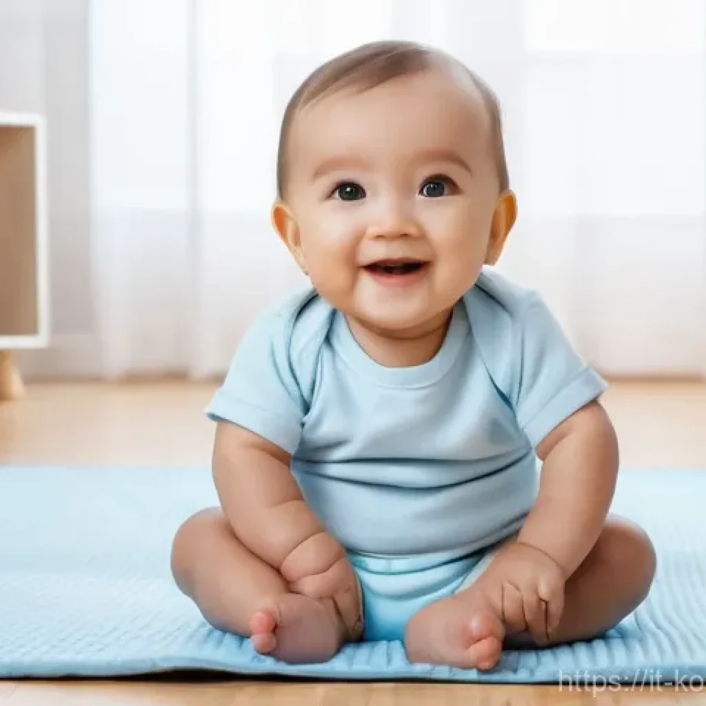 콩순이 애니메이션의 주제별 분석 - A cheerful baby, aged 10 months, sitting on a soft playmat surrounded by oversized, colorful buildin...
