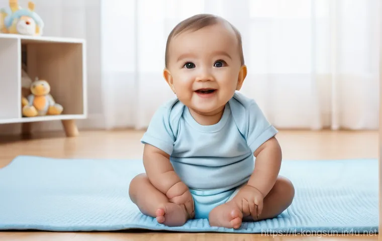 콩순이 애니메이션의 주제별 분석 - A cheerful baby, aged 10 months, sitting on a soft playmat surrounded by oversized, colorful buildin...