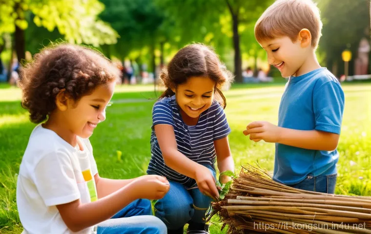 콩순이와 사회성 발달 - **A group of diverse children engaged in imaginative, free play at an Italian public park on a sunny...