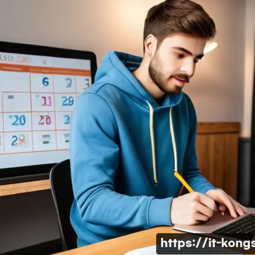 콩순이 유튜브 라이브 일정 - A focused and enthusiastic young adult, dressed in a comfortable hoodie and jeans, meticulously upda...