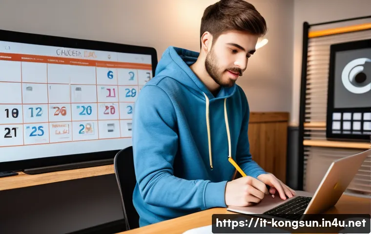 콩순이 유튜브 라이브 일정 - A focused and enthusiastic young adult, dressed in a comfortable hoodie and jeans, meticulously upda...