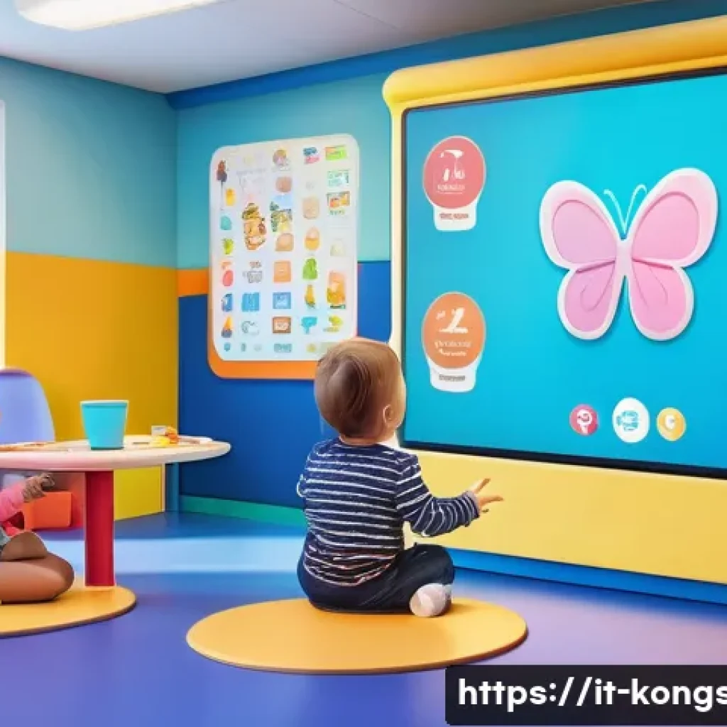 콩순이 콘텐츠 아이디어 - A vibrant and colorful digital classroom scene with young children aged 4-7 wearing casual clothes a...