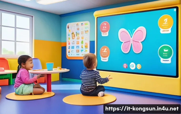 콩순이 콘텐츠 아이디어 - A vibrant and colorful digital classroom scene with young children aged 4-7 wearing casual clothes a...