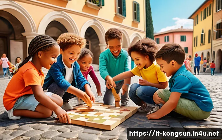 콩순이 에피소드 줄거리 - A vibrant, colorful scene depicting a group of diverse preschool children playing and collaborating ...