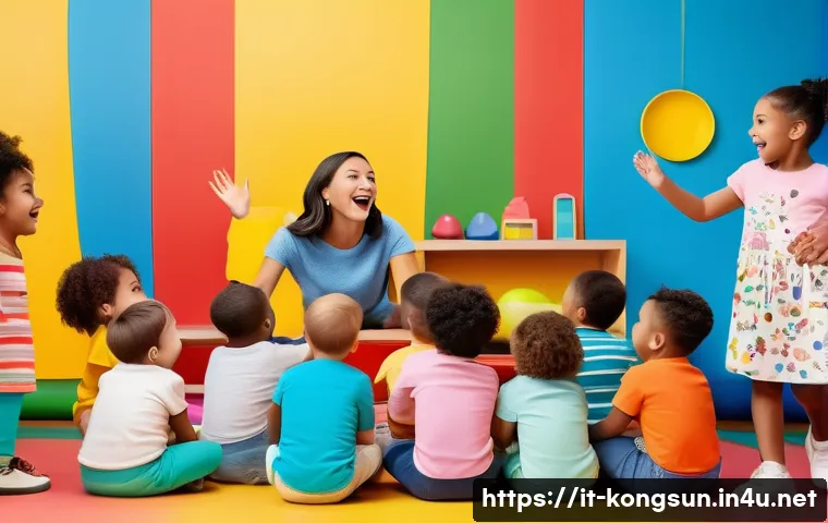 콩순이 라이브 쇼 - A vibrant interactive children’s educational show scene featuring a diverse group of preschool child...