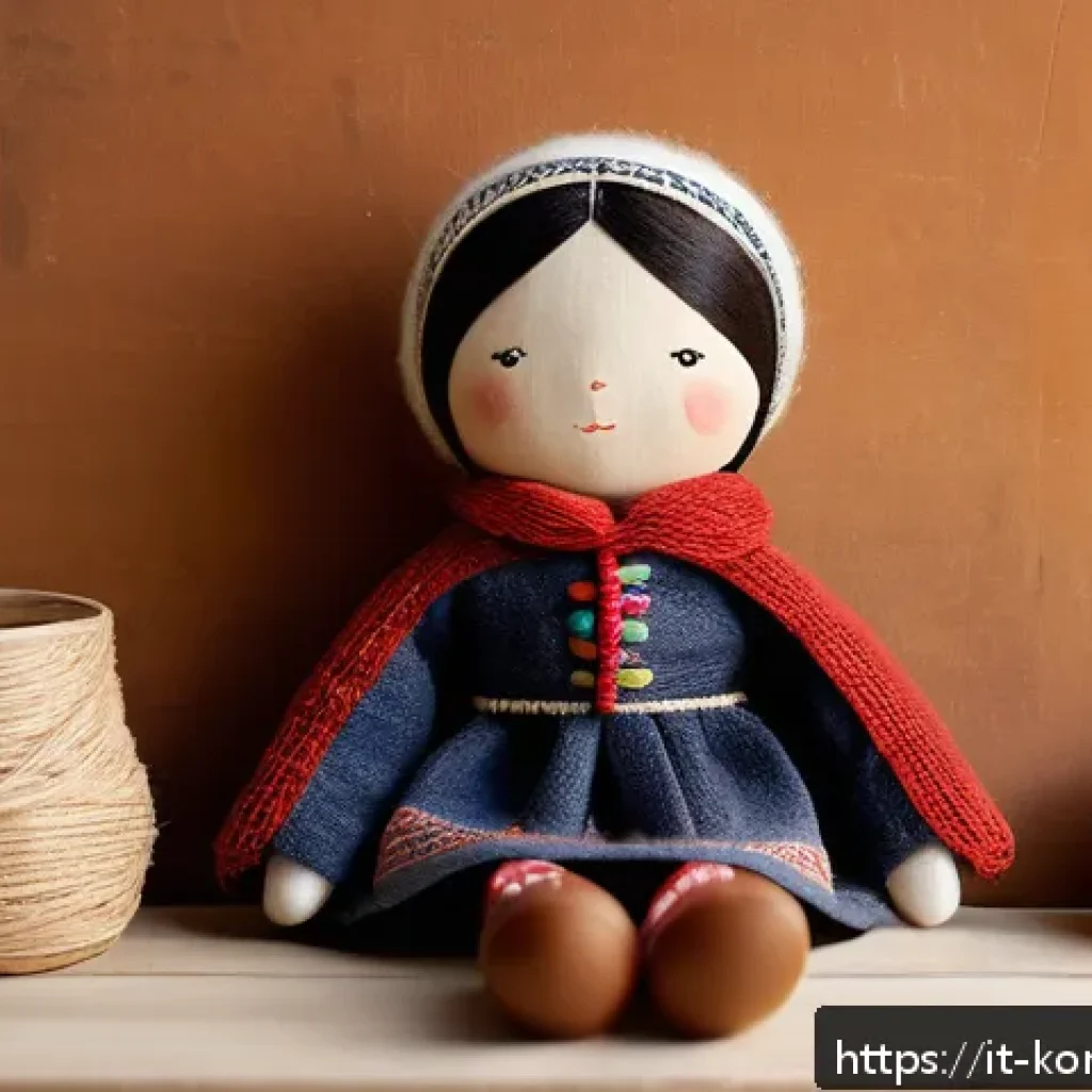 콩순이 완구의 고객 리뷰 - A handcrafted Kongsooni doll sitting on a wooden table surrounded by natural materials like cotton, ...