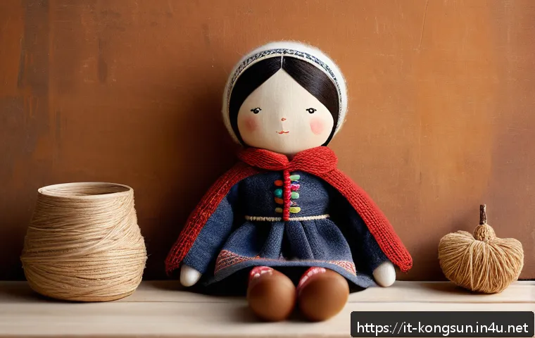 콩순이 완구의 고객 리뷰 - A handcrafted Kongsooni doll sitting on a wooden table surrounded by natural materials like cotton, ...