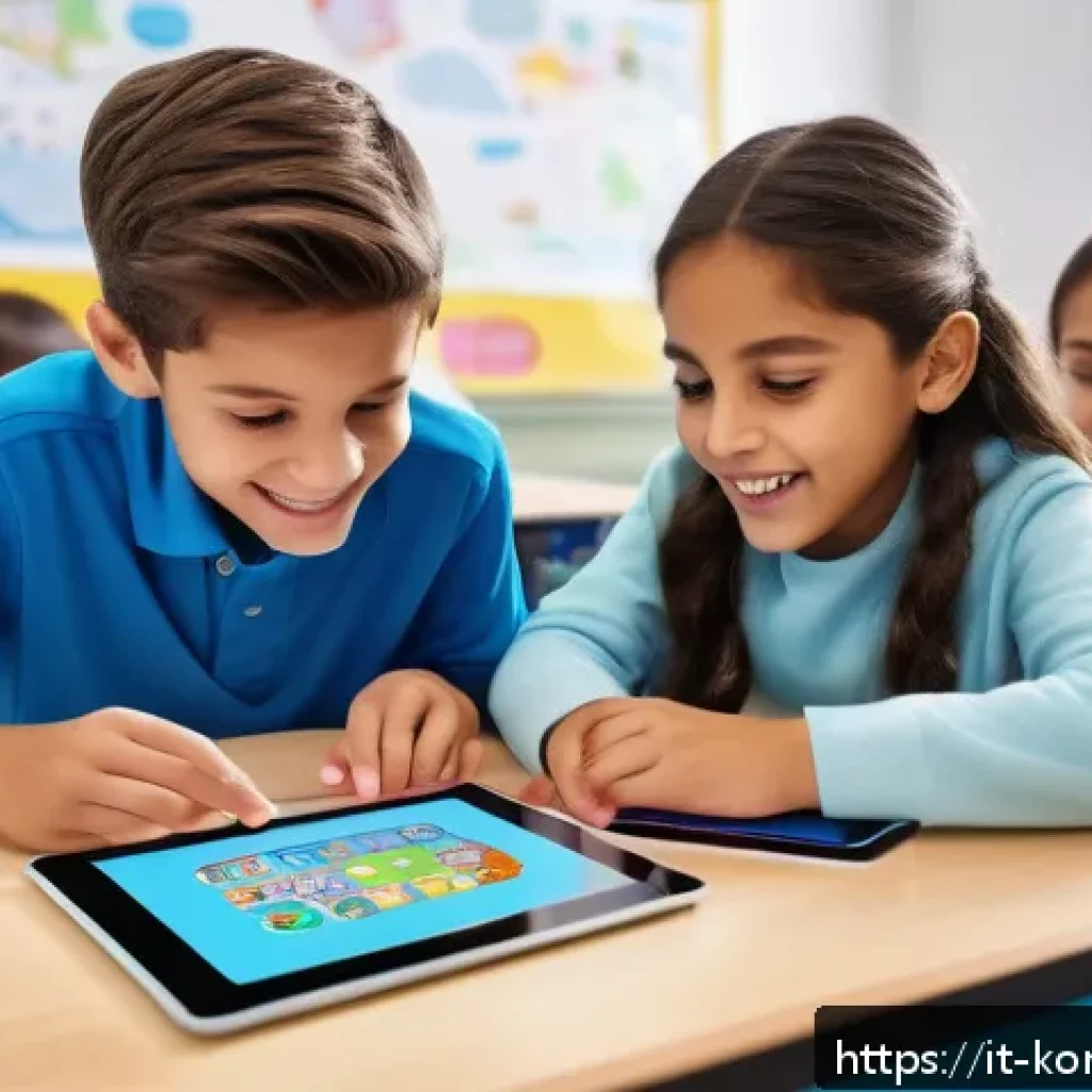 콩순이와 STEM 교육 - A lively Italian classroom scene showing young children aged 7-9 engaged in interactive digital lear...