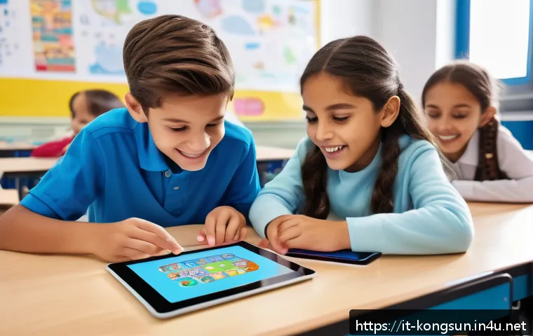 콩순이와 STEM 교육 - A lively Italian classroom scene showing young children aged 7-9 engaged in interactive digital lear...