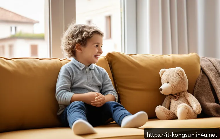 콩순이와 부모 역할의 상관관계 - A warm, cozy family living room scene set in a modern Italian home, showing a parent sitting calmly ...