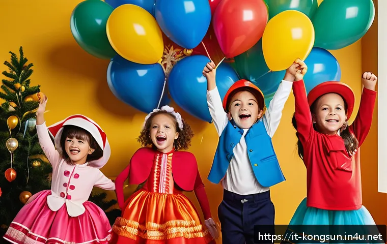 콩순이 캐릭터 코스튬 대여 - A joyful Italian children’s party scene featuring kids dressed in colorful, comfortable costumes ins...