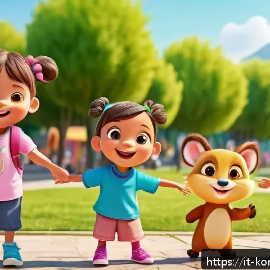 콩순이 콘텐츠 분석 - A cheerful, colorful animated scene featuring Kongsuni, a cute anthropomorphic animal character wear...