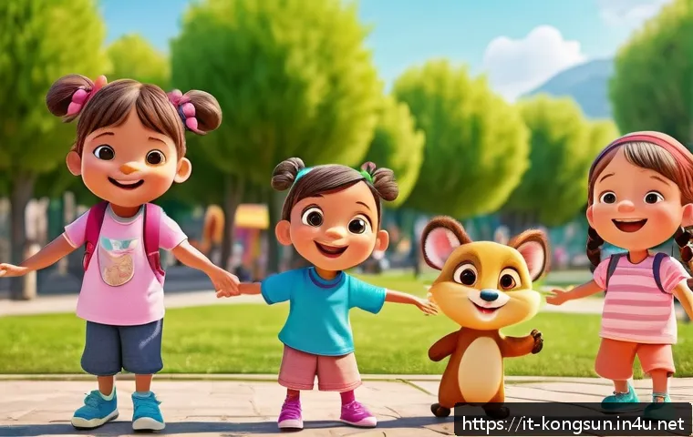 콩순이 콘텐츠 분석 - A cheerful, colorful animated scene featuring Kongsuni, a cute anthropomorphic animal character wear...