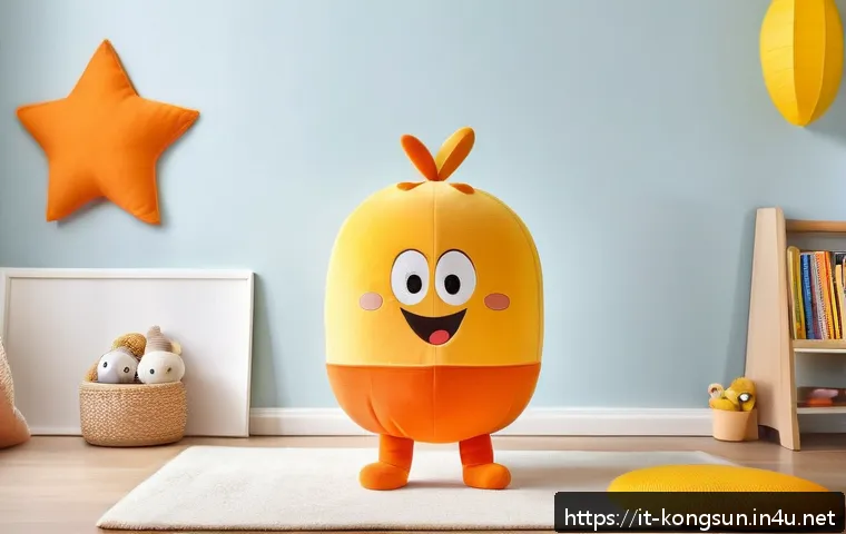 콩순이 캐릭터 비하인드 스토리 - A warm, friendly cartoon character named Kongsooni designed for young children, featuring simple sof...