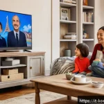 콩순이 애니메이션 수출국 - A lively European family living room scene featuring parents and children gathered around a TV scree...