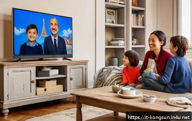 콩순이 애니메이션 수출국 - A lively European family living room scene featuring parents and children gathered around a TV scree...