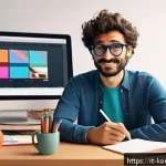 콩순이 애니메이션 제작 도구 - A cozy creative workspace featuring a young Italian animator working on a digital tablet, surrounded...