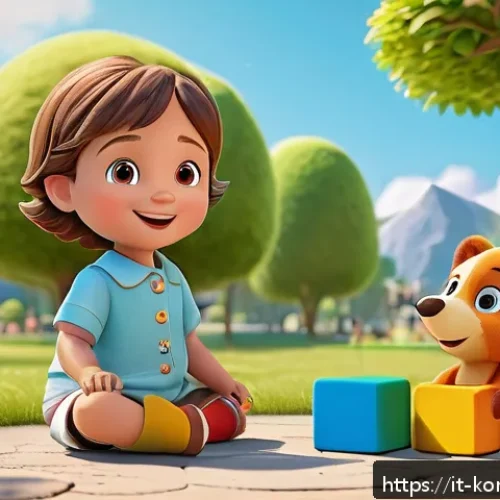 콩순이 애니메이션의 제작 목표 - A vibrant and colorful scene of a young child wearing a diaper playing joyfully with friendly animat...