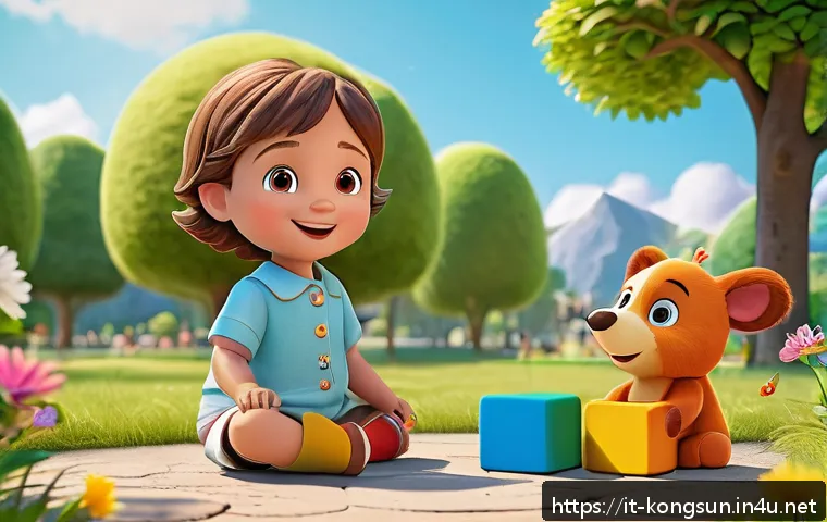 콩순이 애니메이션의 제작 목표 - A vibrant and colorful scene of a young child wearing a diaper playing joyfully with friendly animat...