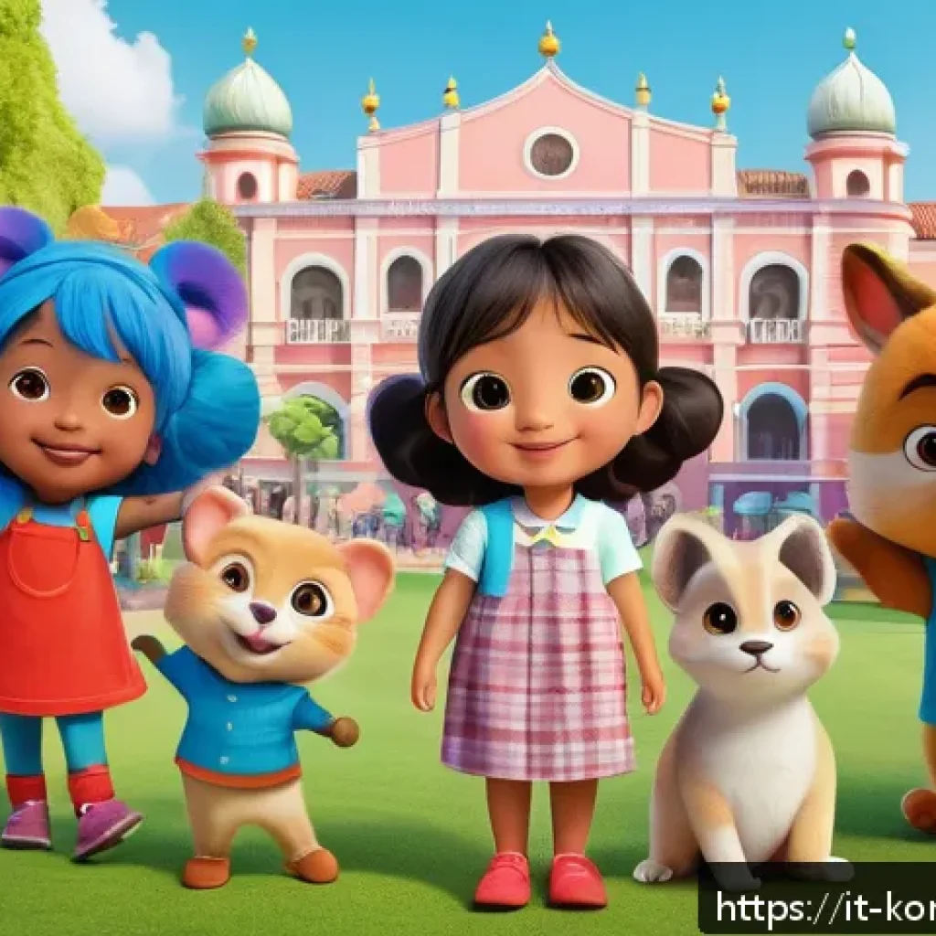 콩순이의 테마별 애니메이션 - A vibrant and colorful scene featuring KongSuni, a cute animated character with expressive eyes and ...