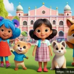 콩순이의 테마별 애니메이션 - A vibrant and colorful scene featuring KongSuni, a cute animated character with expressive eyes and ...