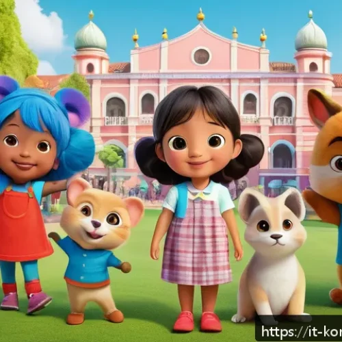 콩순이의 테마별 애니메이션 - A vibrant and colorful scene featuring KongSuni, a cute animated character with expressive eyes and ...