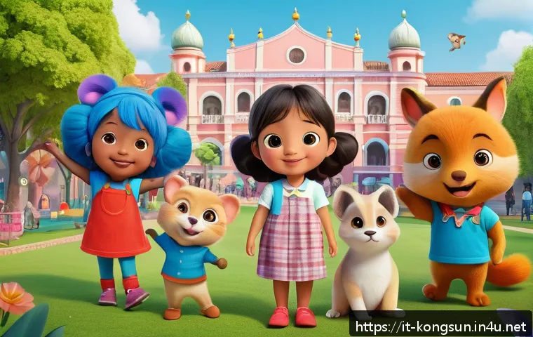 콩순이의 테마별 애니메이션 - A vibrant and colorful scene featuring KongSuni, a cute animated character with expressive eyes and ...