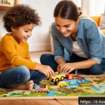 콩순이 퍼즐 - A warm and inviting family living room scene featuring a young Italian child wearing colorful clothi...