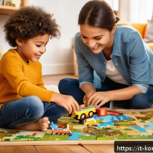 콩순이 퍼즐 - A warm and inviting family living room scene featuring a young Italian child wearing colorful clothi...