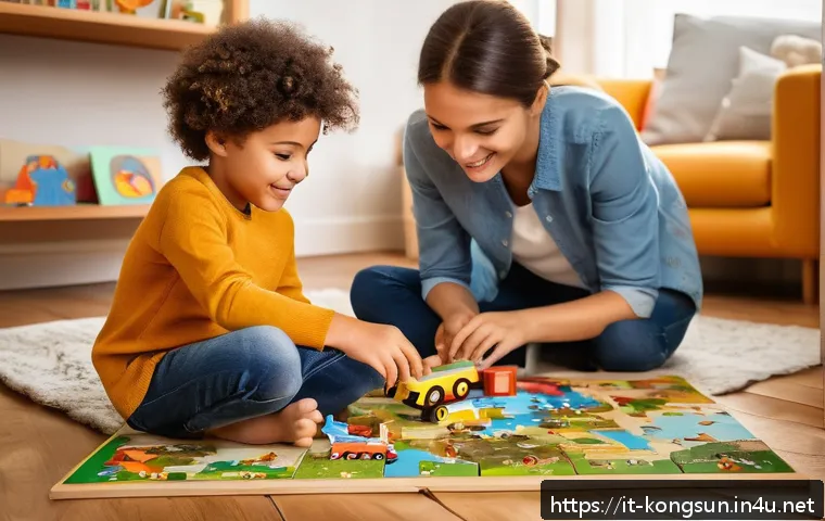 콩순이 퍼즐 - A warm and inviting family living room scene featuring a young Italian child wearing colorful clothi...