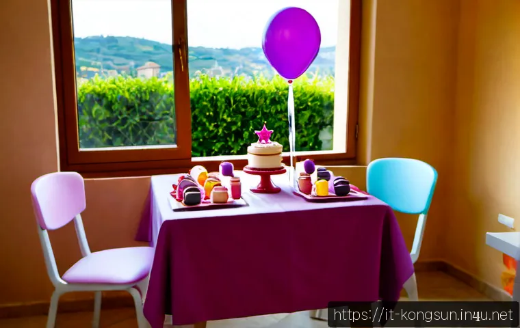 Home 17 콩순이 생일 파티 테마 - Photorealistic children’s birthday party table in an Italian family home, cheerful pink and purple d...